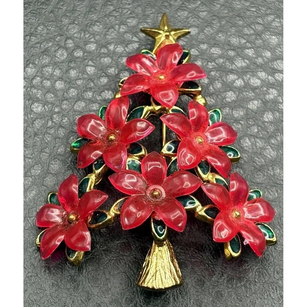 LIA Lalique Pink Lucite Poinsettia Christmas Tree Brooch Gold Tone Star